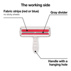 The working side, labeled: fabric strips (red or blue), gray divider, handle with a hanging hole